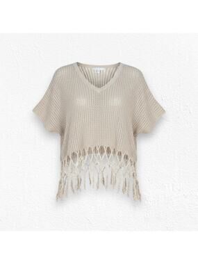 Y2K CAbi Oatmeal Tan Open Knit Fringe Boho V Neck Short Sleeve Top Size Medium